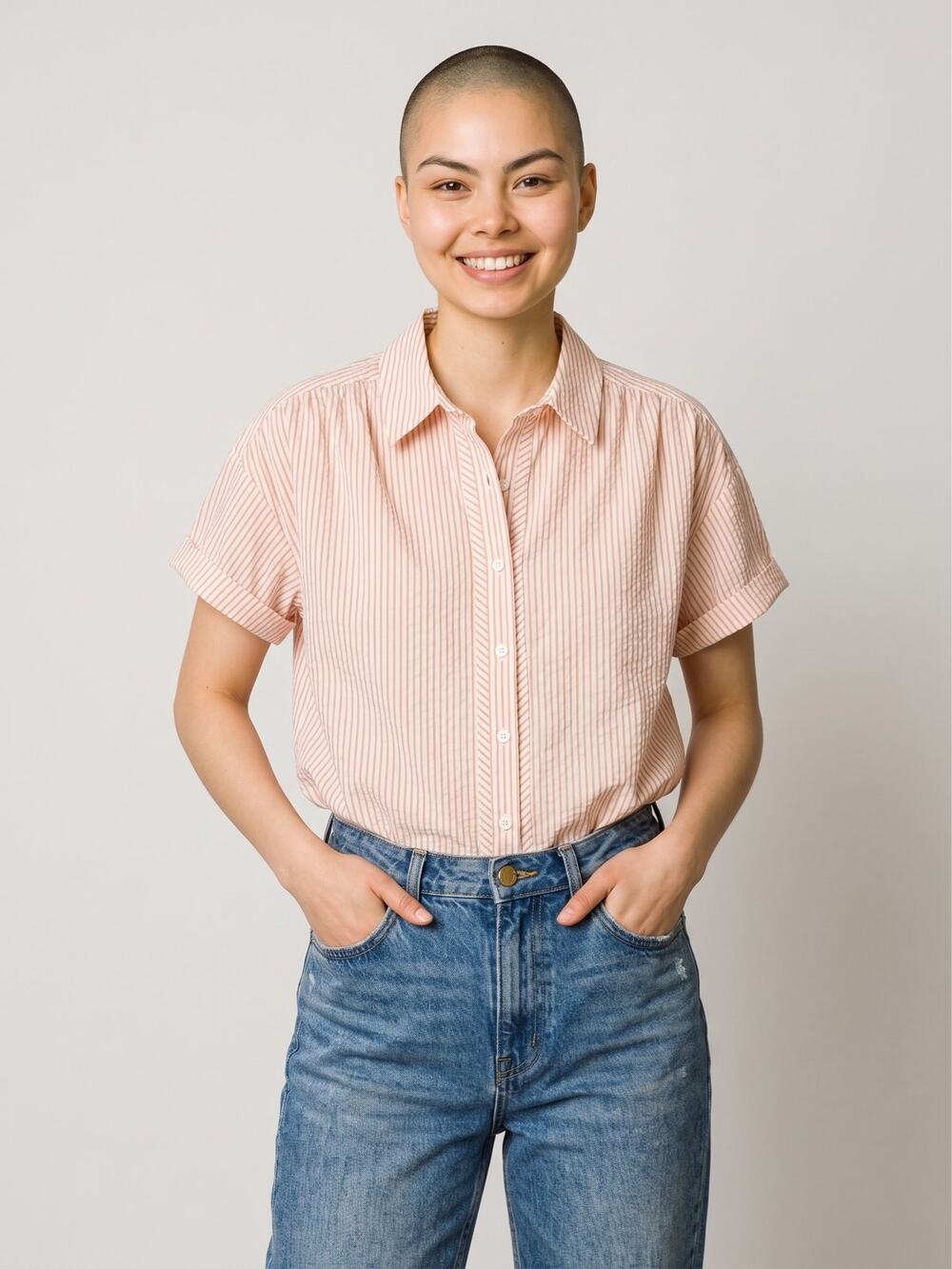 Doe and Rae Striped Seersucker Short Sleeve Oversized Top Peach White Small NWOT